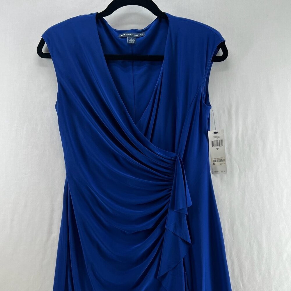American Living Ruffled Faux-Wrap Dress Womens 6 Ruched Sleeveless Stretch Blue - Picture 4 of 13